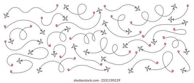 Conjunto de rotas do avião em traços de linha tracejada. Linhas de rota planas de rastreamento de aeronaves, pinos de localização, aviões, viagens, pinos de mapa no fundo branco. Ilustração vetorial para infográfico, mapa, faixa