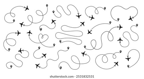 Conjunto de rotas do avião em traços de linha tracejada. Linhas de rota planas de rastreamento de aeronaves, pinos de localização, aviões, viagens, pinos de mapa no fundo branco. Ilustração vetorial para infográfico, mapa, faixa