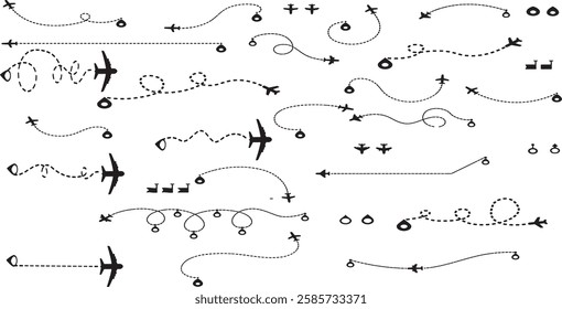 Set of airplane routes in dashed line trace. Plane route lines of aircraft tracking, location pins, planes, travel, map pins on white background.