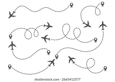 Conjunto de rotas do avião em traços de linha tracejada. Linhas de rota planas de rastreamento de aeronaves, pinos de localização, aviões, viagens, pinos de mapa no fundo branco. Ilustração vetorial para infográfico, mapa, faixa