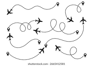 Set of airplane routes in dashed line trace. Plane route lines of aircraft tracking, location pins, planes, travel, map pins on white background. Vector illustration for infographic, map, track