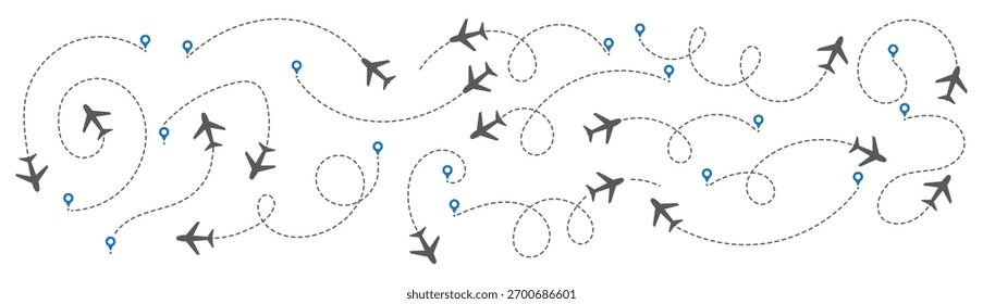 Conjunto de rotas do avião em traços de linha tracejada. Linhas de rota planas de rastreamento de aeronaves, pinos de localização, aviões, viagens, pinos de mapa no fundo branco. Ilustração vetorial para infográfico, mapa, faixa