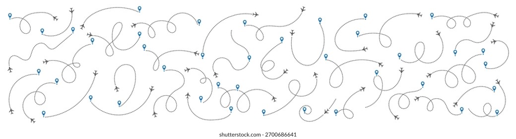 Set of airplane routes in dashed line trace. Plane route lines of aircraft tracking, location pins, planes, travel, map pins on white background. Vector illustration for infographic, map, track