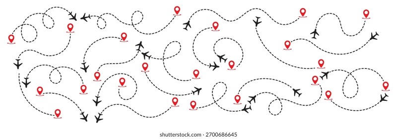 Conjunto de rotas do avião em traços de linha tracejada. Linhas de rota planas de rastreamento de aeronaves, pinos de localização, aviões, viagens, pinos de mapa no fundo branco. Ilustração vetorial para infográfico, mapa, faixa