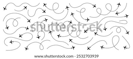 Set of airplane routes in dashed line trace. Plane route lines of aircraft tracking, location pins, planes, travel, map pins on white background. Vector illustration for infographic, map, track