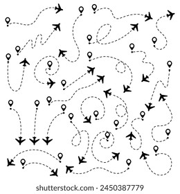 Establecer rutas de avión en línea de puntos. Seguimiento de aeronaves, aviones, viajes, pines de mapa, pines de ubicación.