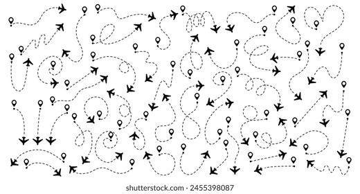 Set airplane routes in dotted line. Aircraft tracking, planes, travel, map pins, location pins.