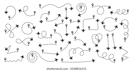 Defina as rotas do avião em linha pontilhada. Rastreamento de aeronaves, aviões, viagens, pinos de mapa, pinos de localização.