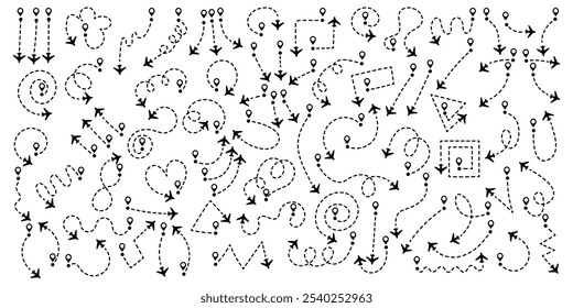 Set airplane routes in dotted line. Aircraft tracking, planes, travel, map pins, location pins.