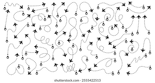 Set airplane routes in dotted line. Aircraft tracking, planes, travel, map pins, location pins.