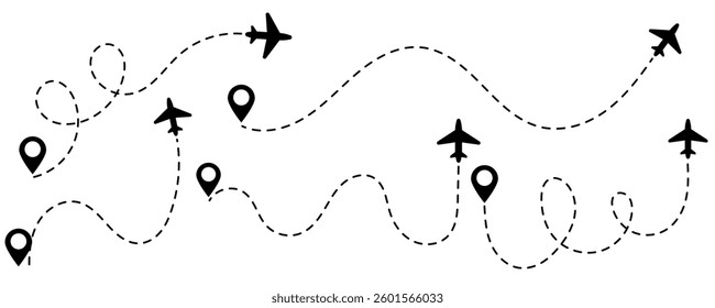 Set of airplane routes featuring plane paths, aircraft tracking, travel lines, map pins, and location markers. Vector illustration.