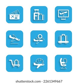 Set Airplane search, Globe with flying, seat, Conveyor belt suitcase, Trolley baggage, Plane landing,  and Airline ticket icon. Vector