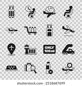 Set Airplane search, Passenger ladder for boarding, Plane landing, Globe with flying, Trolley baggage, Suitcase and  icon. Vector