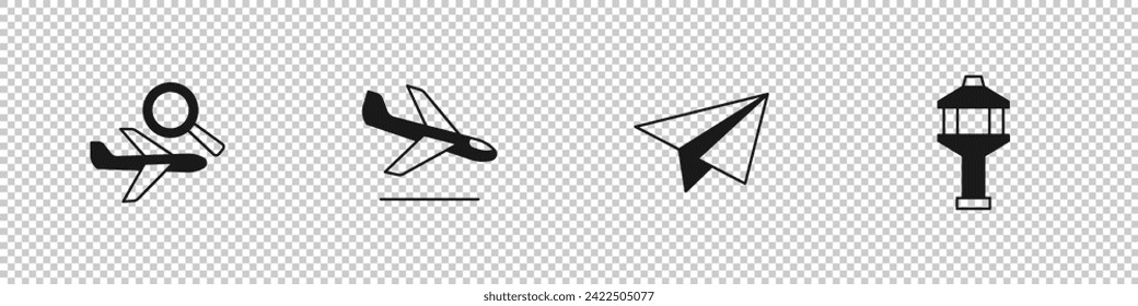 Set Airplane search, Plane landing, Paper airplane and Airport control tower icon. Vector