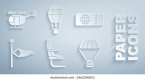 Set Airplane seat, Airline ticket, Cone meteorology windsock wind vane, Box flying parachute, Hot air balloon and Helicopter icon. Vector