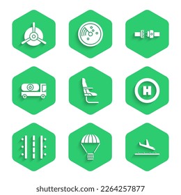 Set Airplane seat, Box flying on parachute, Plane landing, Helicopter pad, Airport runway, Fuel tanker truck, Safety belt and propeller icon. Vector