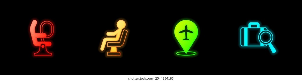 Set Airplane seat, Human waiting in airport terminal, Plane and Lost baggage icon. Vector