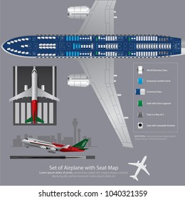 Set of Airplane with Seat Map Isolated Vector Illustration