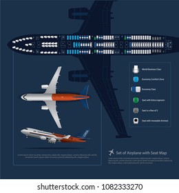 Set of Airplane with Seat Map Isolated Vector Illustration