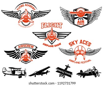 Set of airplane show labels. Emblems with wings and propellers. Vector design elements