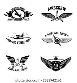 Set of airplane show labels isolated on white background. Air forse. Flying club. Design elements in vector.