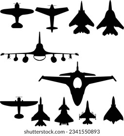 Set of airplane silhouette. Fighter aircraft black vector. 