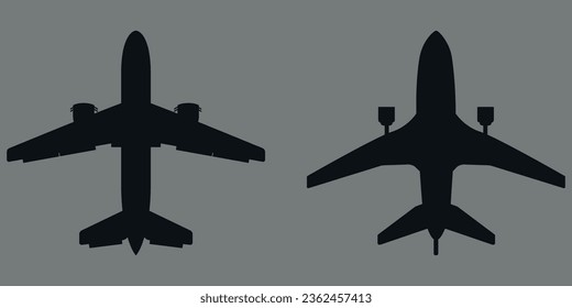 A set of airplane silhouettes. 2 pieces. Black  silhouette. Vector on gray background.
