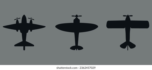 A set of airplane silhouettes. 3 pieces. Black  silhouette. Vector on gray background.