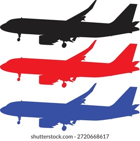Conjunto de siluetas de aviones en diferentes colores, que representan los conceptos de viajes globales y aviación.