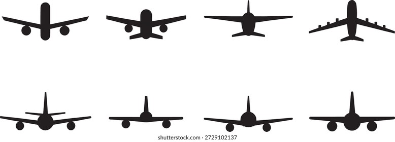 Conjunto de siluetas de avión en diferentes vistas