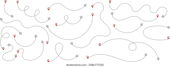 A set of airplane silhouettes with dotted flight paths, representing travel routes and aviation movement. Perfect for flight-related designs, trip planning concepts, and air travel graphics