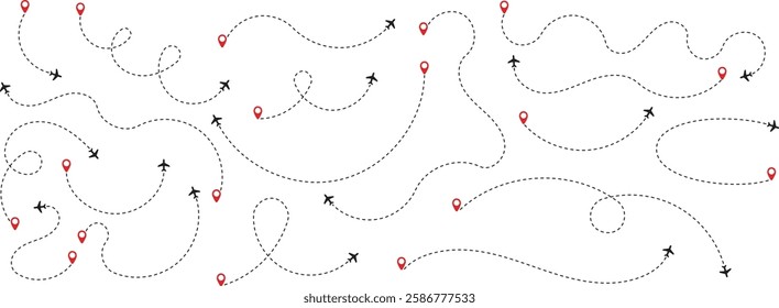 A set of airplane silhouettes with dotted flight paths, representing travel routes and aviation movement. Perfect for flight-related designs, trip planning concepts, and air travel graphics