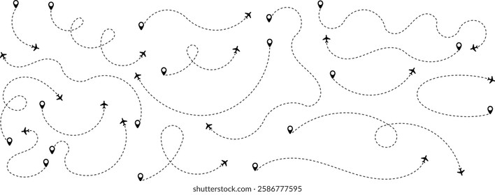 A set of airplane silhouettes with dotted flight paths, representing travel routes and aviation movement. Perfect for flight-related designs, trip planning concepts, and air travel graphics