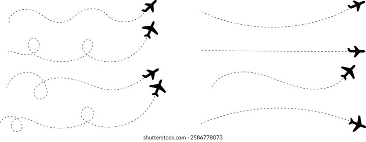 A set of airplane silhouettes with dotted flight paths, representing travel routes and aviation movement. Perfect for flight-related designs, trip planning concepts, and air travel graphics