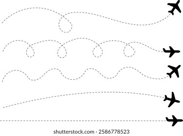 A set of airplane silhouettes with dotted flight paths, representing travel routes and aviation movement. Perfect for flight-related designs, trip planning concepts, and air travel graphics