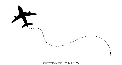 A set of airplane silhouettes with dotted flight paths, representing travel routes and aviation movement. Perfect for flight-related designs, trip planning concepts, and air travel graphics in eps 10.