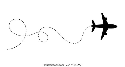A set of airplane silhouettes with dotted flight paths, representing travel routes and aviation movement. Perfect for flight-related designs, trip planning concepts, and air travel graphics in eps 10.
