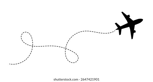 A set of airplane silhouettes with dotted flight paths, representing travel routes and aviation movement. Perfect for flight-related designs, trip planning concepts, and air travel graphics in eps 10.