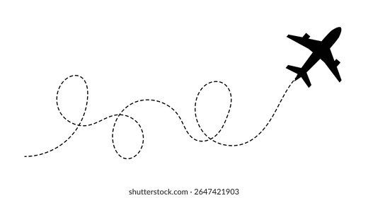 A set of airplane silhouettes with dotted flight paths, representing travel routes and aviation movement. Perfect for flight-related designs, trip planning concepts, and air travel graphics in eps 10.