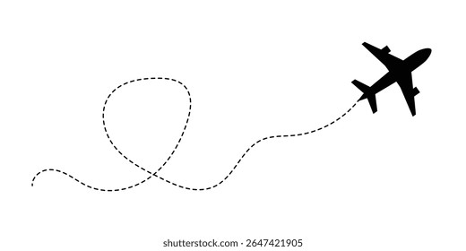 A set of airplane silhouettes with dotted flight paths, representing travel routes and aviation movement. Perfect for flight-related designs, trip planning concepts, and air travel graphics in eps 10.
