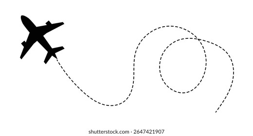 A set of airplane silhouettes with dotted flight paths, representing travel routes and aviation movement. Perfect for flight-related designs, trip planning concepts, and air travel graphics in eps 10.