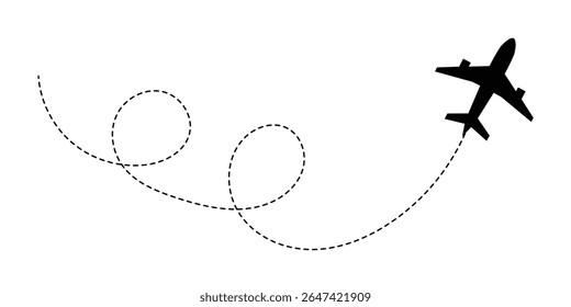 A set of airplane silhouettes with dotted flight paths, representing travel routes and aviation movement. Perfect for flight-related designs, trip planning concepts, and air travel graphics in eps 10.