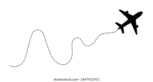 A set of airplane silhouettes with dotted flight paths, representing travel routes and aviation movement. Perfect for flight-related designs, trip planning concepts, and air travel graphics in eps 10.