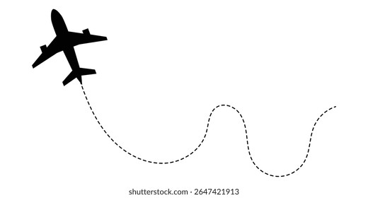 A set of airplane silhouettes with dotted flight paths, representing travel routes and aviation movement. Perfect for flight-related designs, trip planning concepts, and air travel graphics in eps 10.