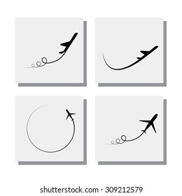 Set Of Airplane Take-off And Flying Designs - Vector Icons. This Also Represents Concepts Like Aerospace Industry, Travel Industry, Air Travel, Etc