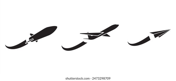 Set of airplane vector icons, containing symbols for rocket, airplane, flying paper plane. Concept: way forward, innovation, start-up company, business, growth, travel,  Plans icon vector illustration