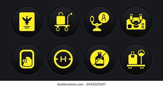 Ventana del avión, timón de dirección del avión, almohadilla de aterrizaje del helicóptero, sin alcohol, equipaje del carro, báscula con maleta e icono de pasaporte. Vector