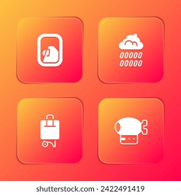 Set Airplane window, Cloud with rain, Suitcase and Airship icon. Vector