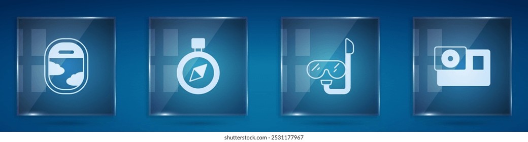 Set Airplane window, Compass, Diving mask and snorkel and Action camera. Square glass panels. Vector