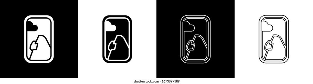 Set Airplane window icon isolated on black and white background. Aircraft porthole.  Vector Illustration